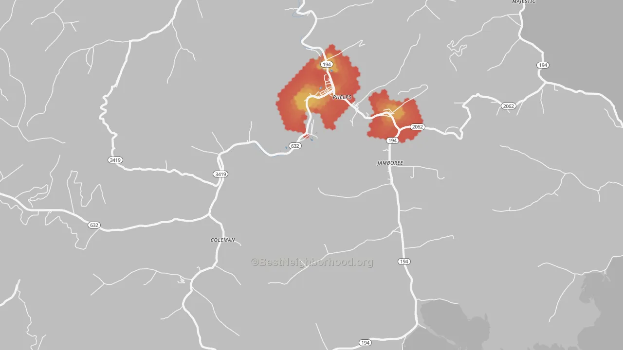 Walk Grade map of 41553, KY, walkable areas in green and car-dependent areas in red