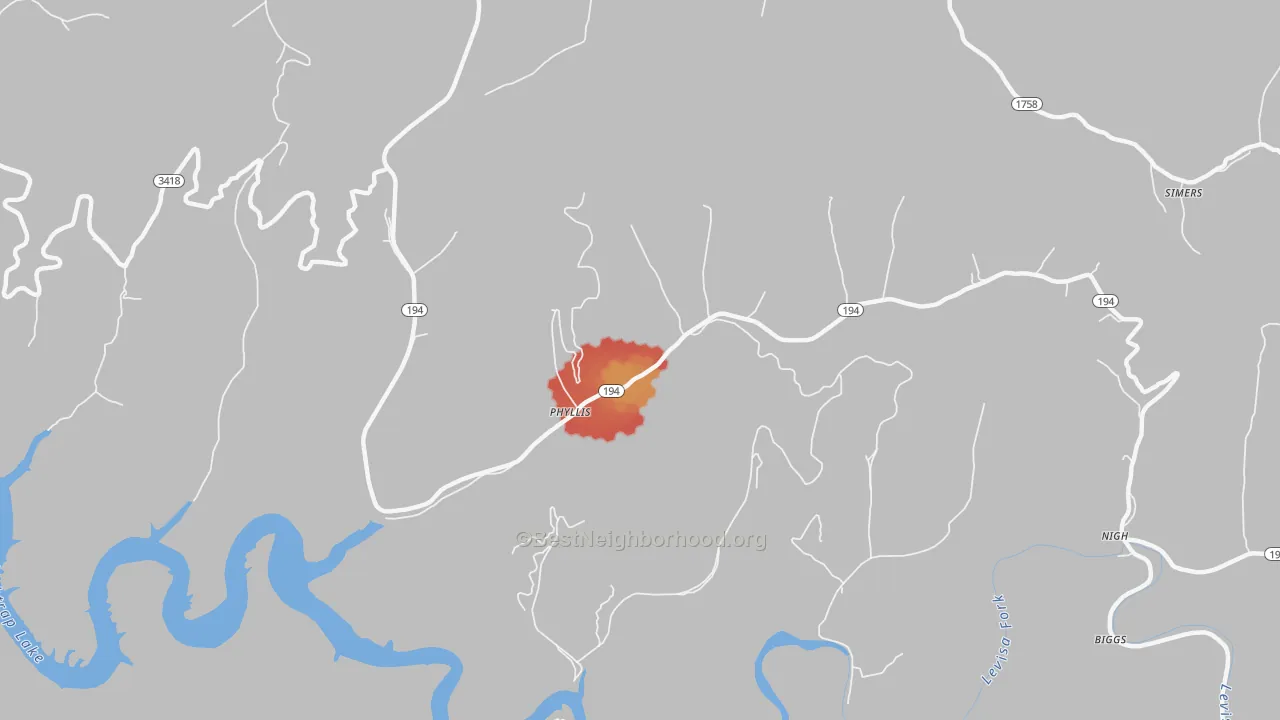 Walk Grade map of 41554, KY, walkable areas in green and car-dependent areas in red