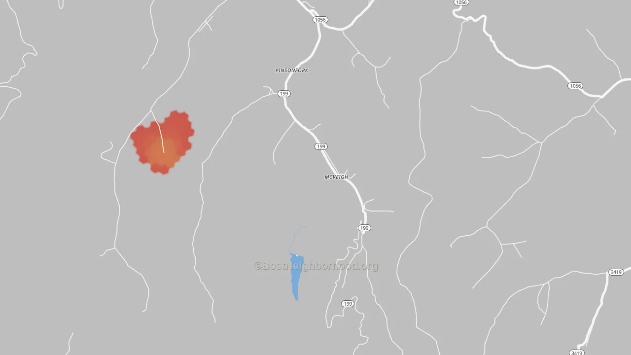 Walk Grade map of 41555, KY, walkable areas in green and car-dependent areas in red