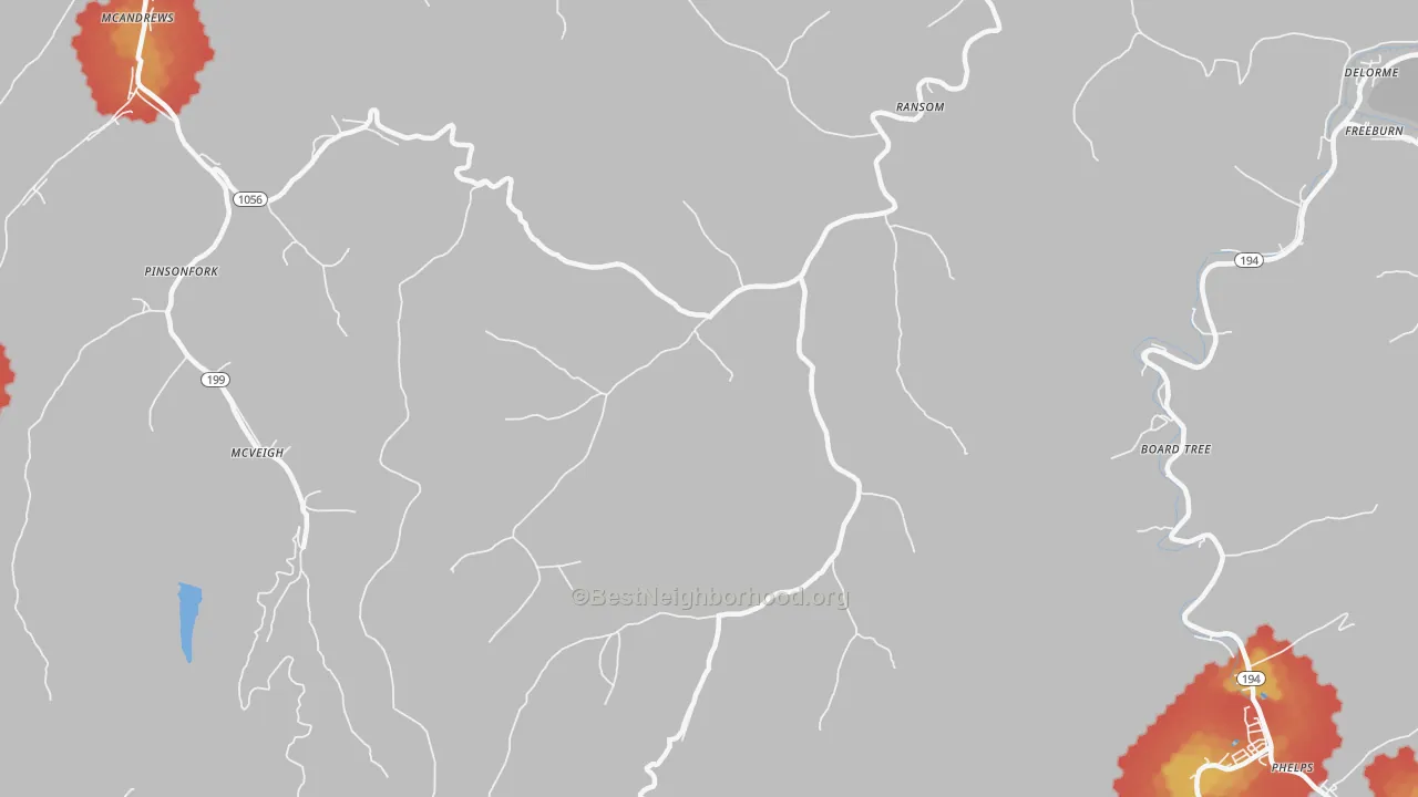 Walk Grade map of 41558, KY, walkable areas in green and car-dependent areas in red