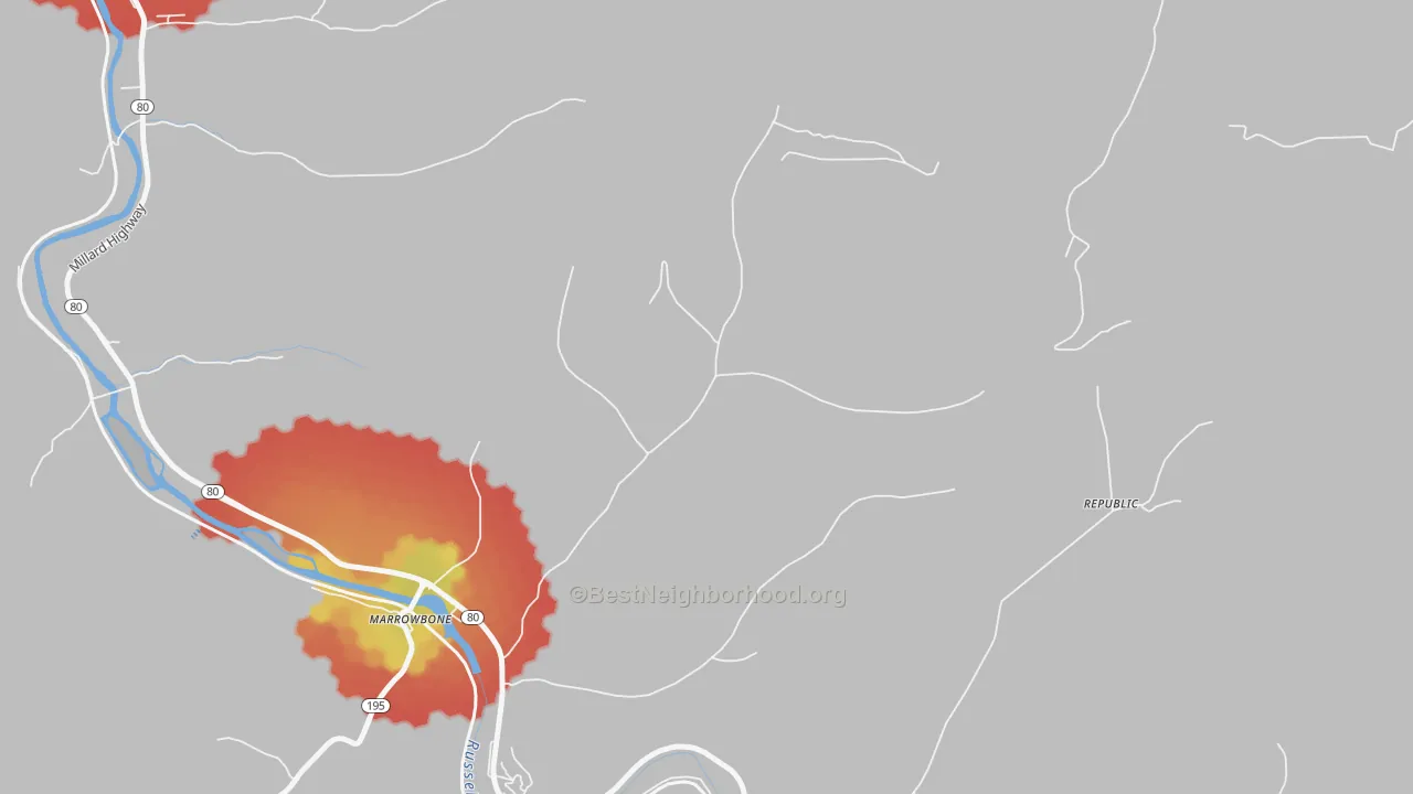 Walk Grade map of 41559, KY, walkable areas in green and car-dependent areas in red