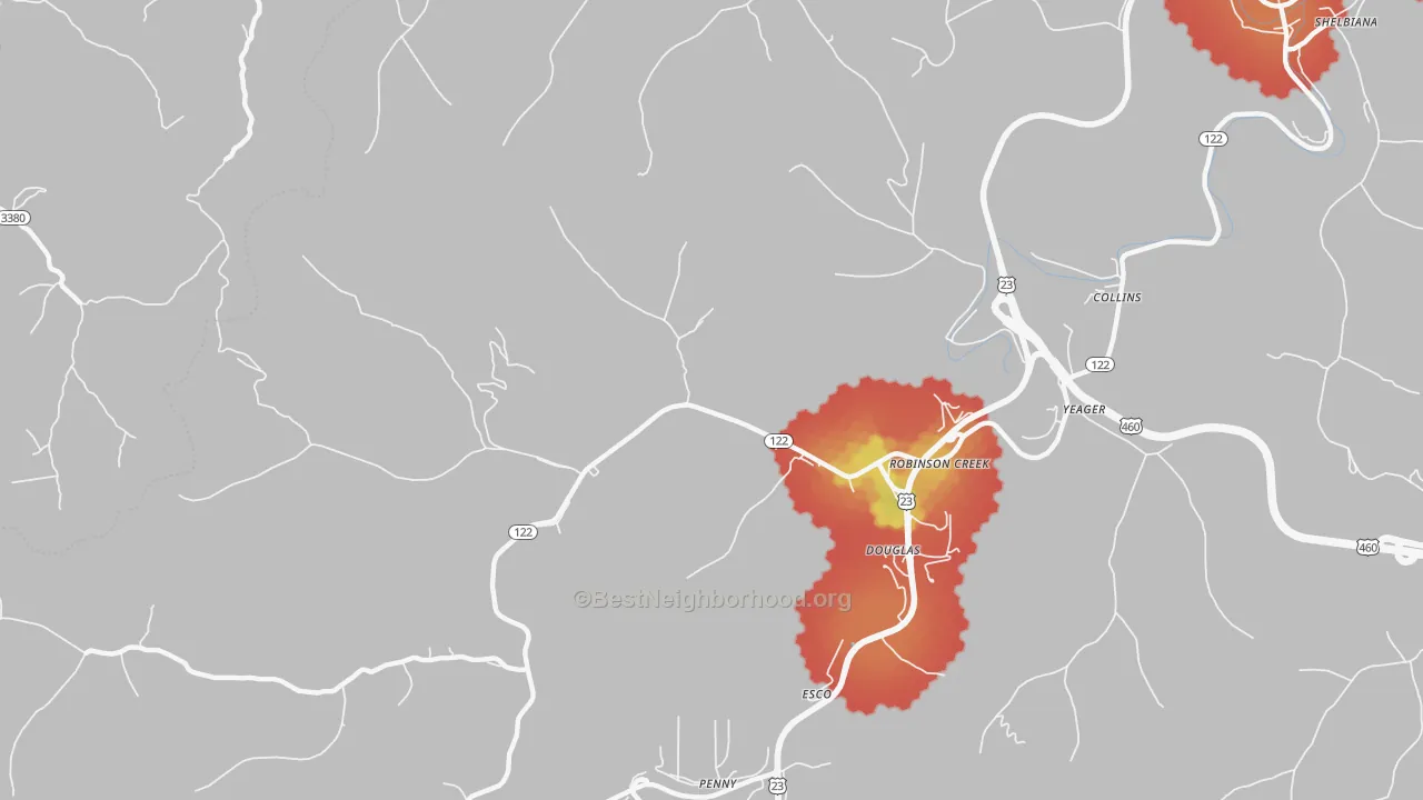Walk Grade map of 41560, KY, walkable areas in green and car-dependent areas in red