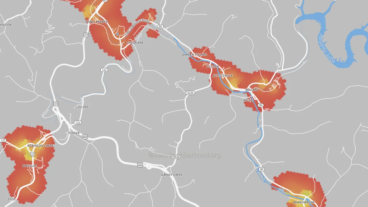 Walk Grade map of 41562, KY, walkable areas in green and car-dependent areas in red