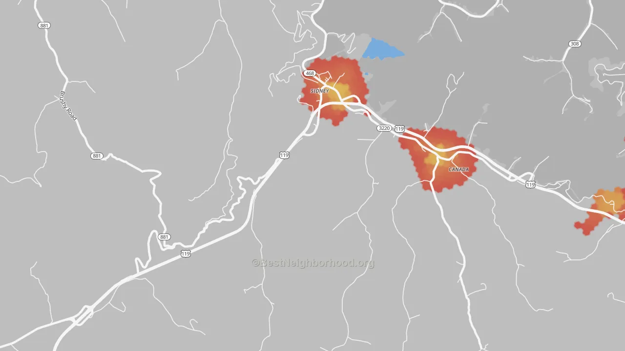 Walk Grade map of 41564, KY, walkable areas in green and car-dependent areas in red