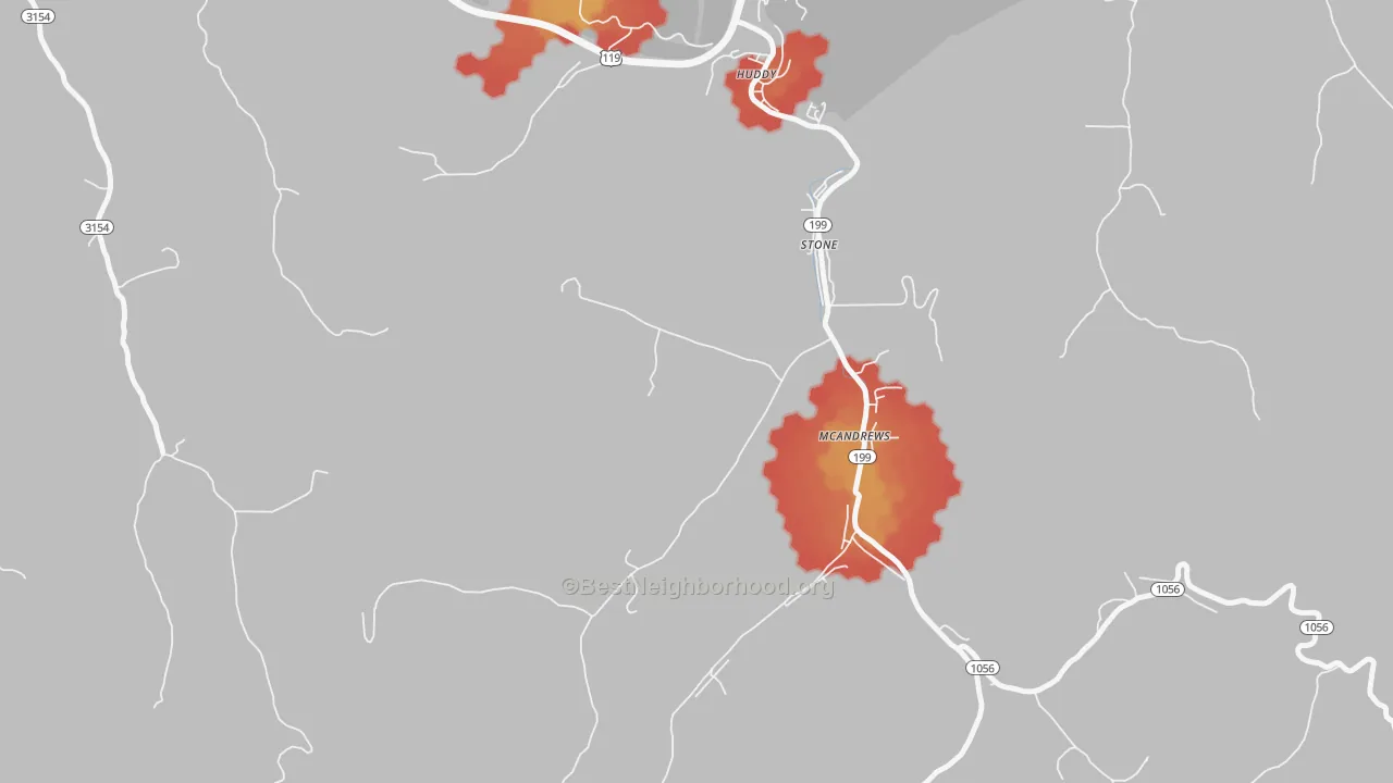 Walk Grade map of 41567, KY, walkable areas in green and car-dependent areas in red