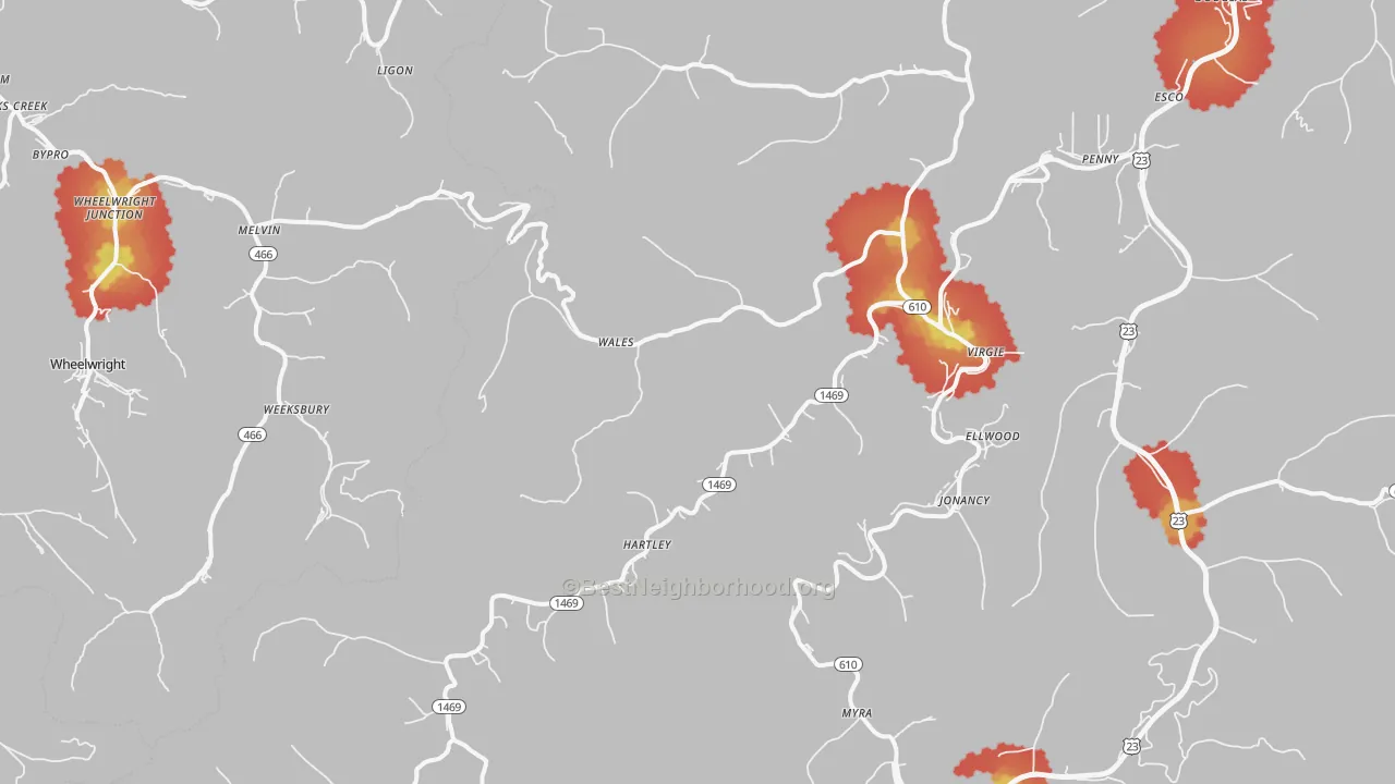 Walk Grade map of 41572, KY, walkable areas in green and car-dependent areas in red
