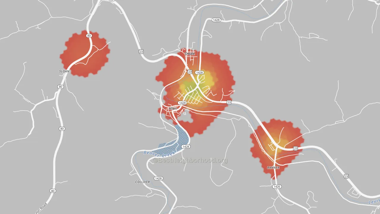 Walk Grade map of 41601, KY, walkable areas in green and car-dependent areas in red
