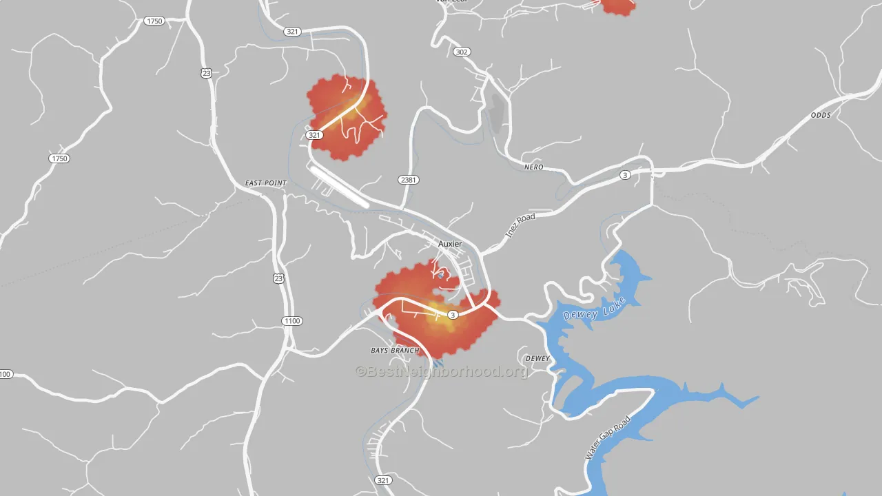 Walk Grade map of 41602, KY, walkable areas in green and car-dependent areas in red