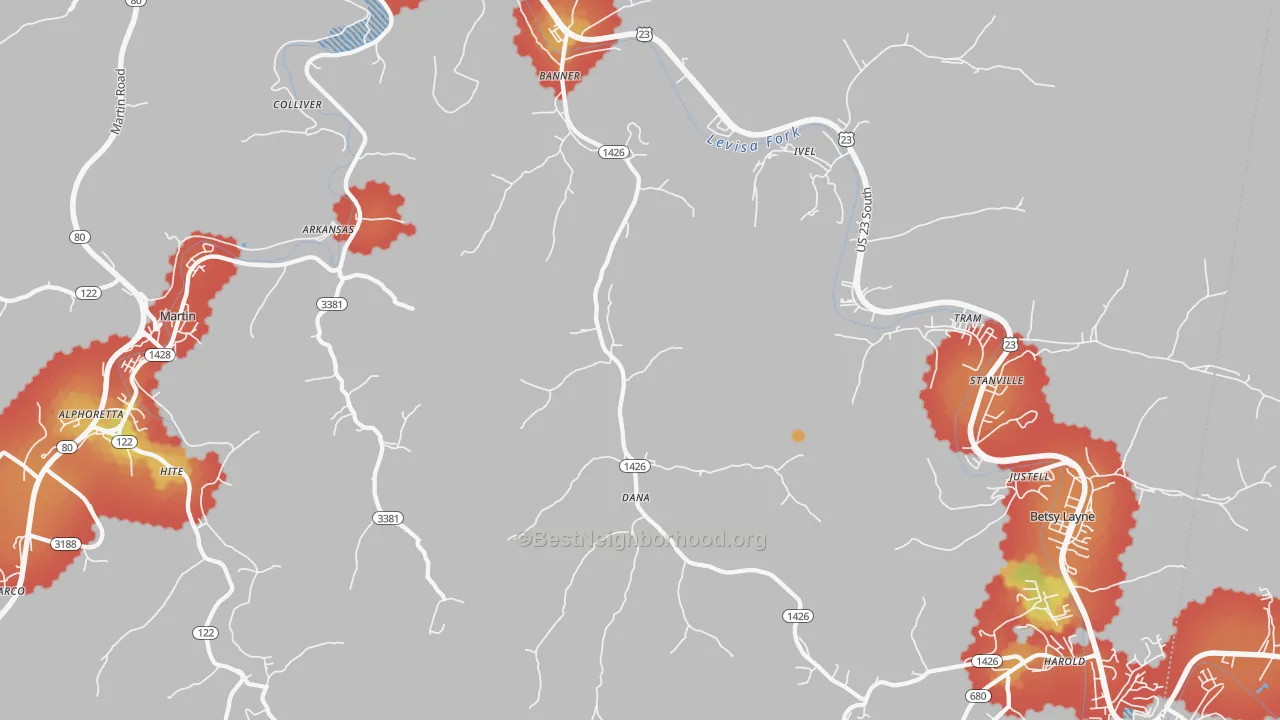 Walk Grade map of 41603, KY, walkable areas in green and car-dependent areas in red