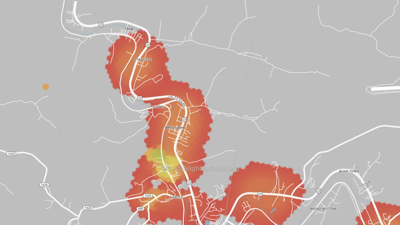 Walk Grade map of 41605, KY, walkable areas in green and car-dependent areas in red