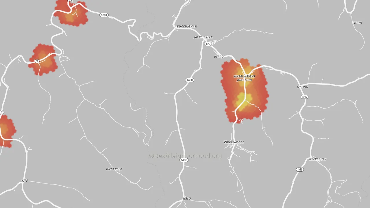 Walk Grade map of 41606, KY, walkable areas in green and car-dependent areas in red