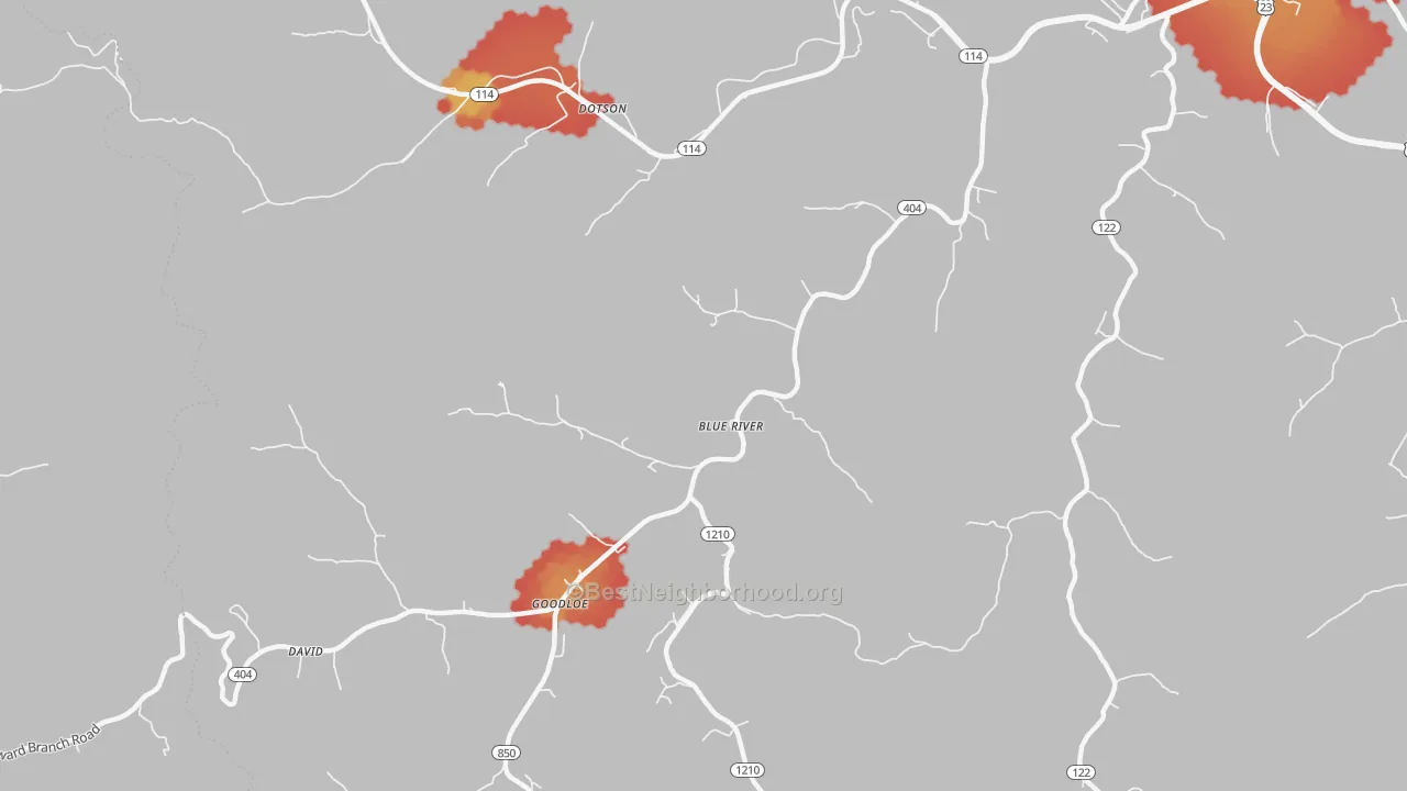 Walk Grade map of 41607, KY, walkable areas in green and car-dependent areas in red