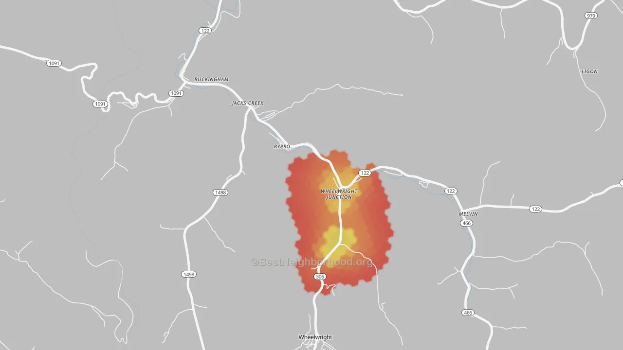 Walk Grade map of 41612, KY, walkable areas in green and car-dependent areas in red