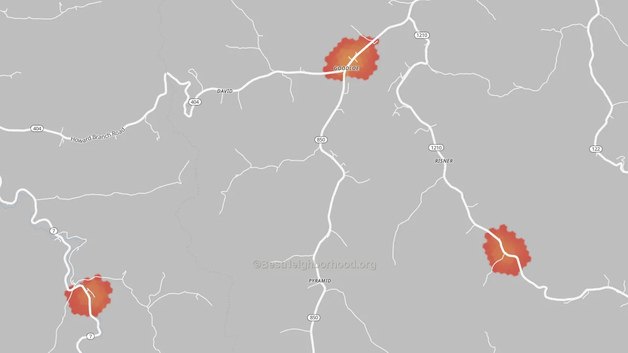 Walk Grade map of 41616, KY, walkable areas in green and car-dependent areas in red