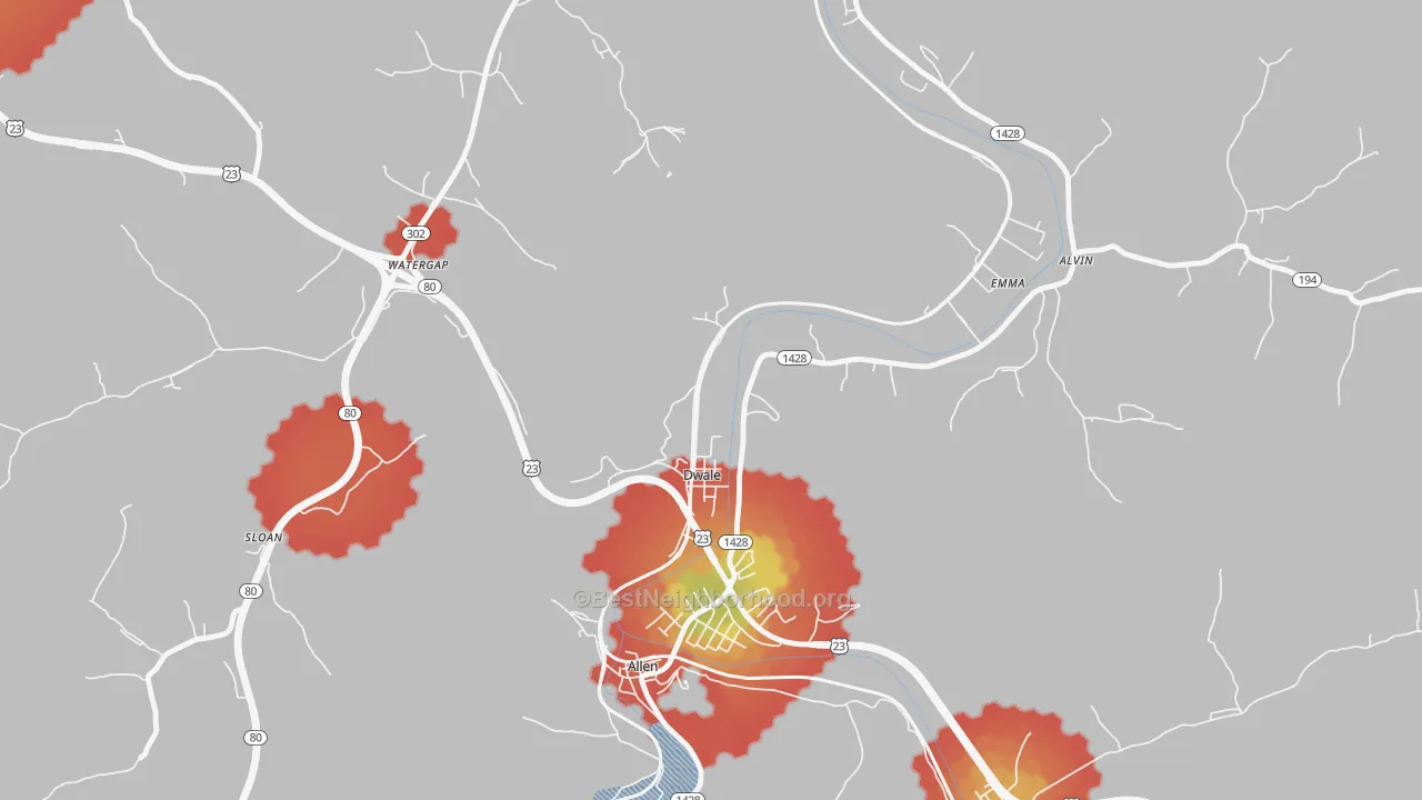 Walk Grade map of 41621, KY, walkable areas in green and car-dependent areas in red