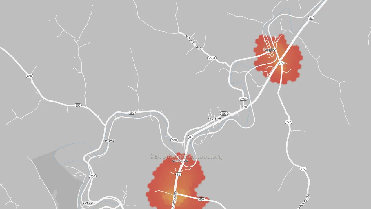 Walk Grade map of 41622, KY, walkable areas in green and car-dependent areas in red