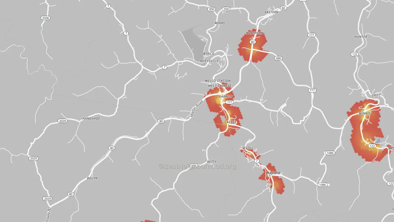 Walk Grade map of 41630, KY, walkable areas in green and car-dependent areas in red