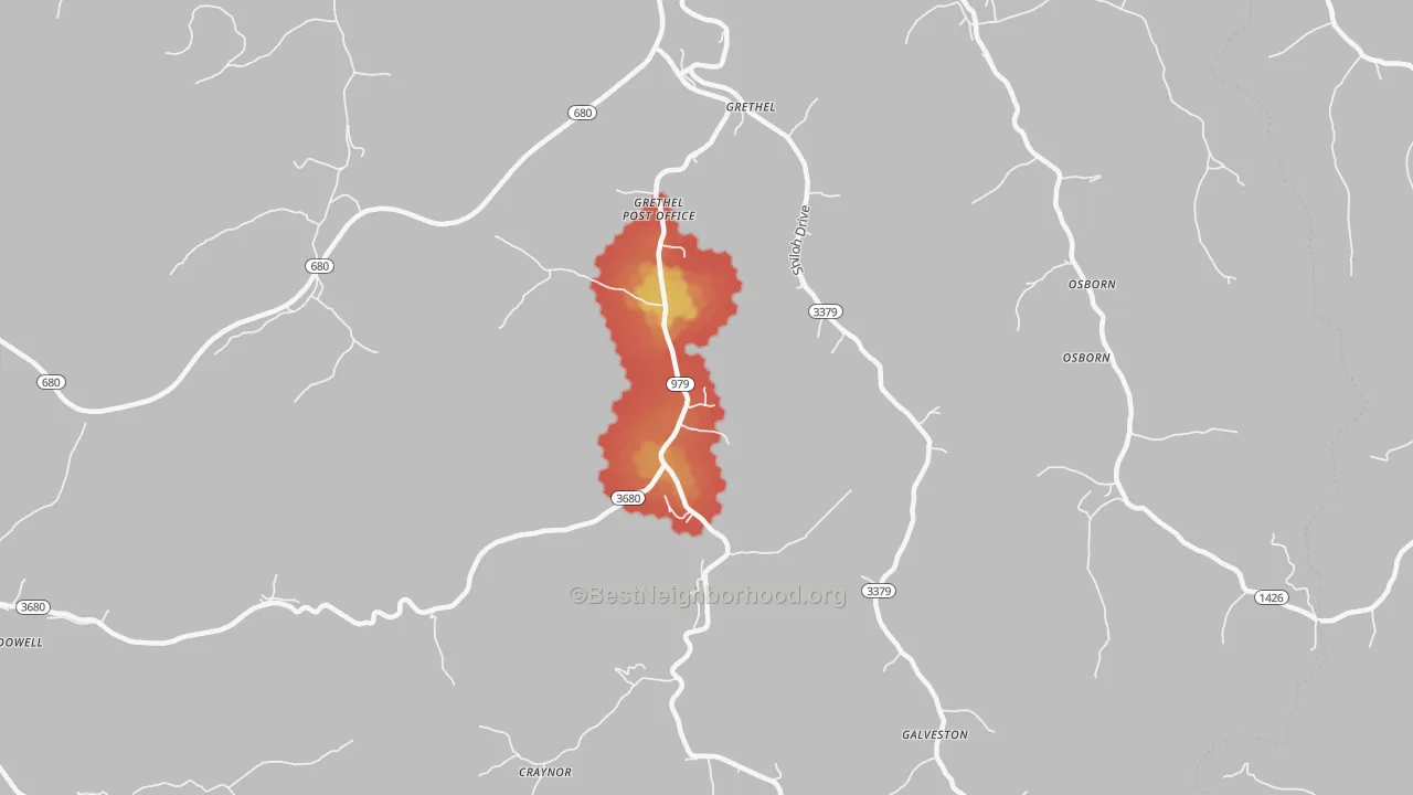 Walk Grade map of 41631, KY, walkable areas in green and car-dependent areas in red