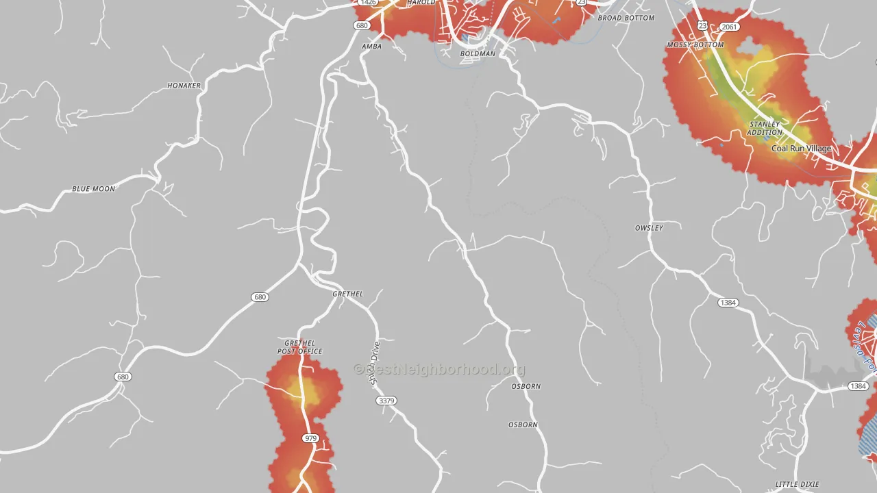 Walk Grade map of 41635, KY, walkable areas in green and car-dependent areas in red