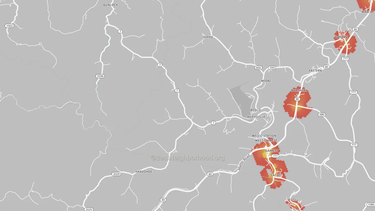 Walk Grade map of 41640, KY, walkable areas in green and car-dependent areas in red