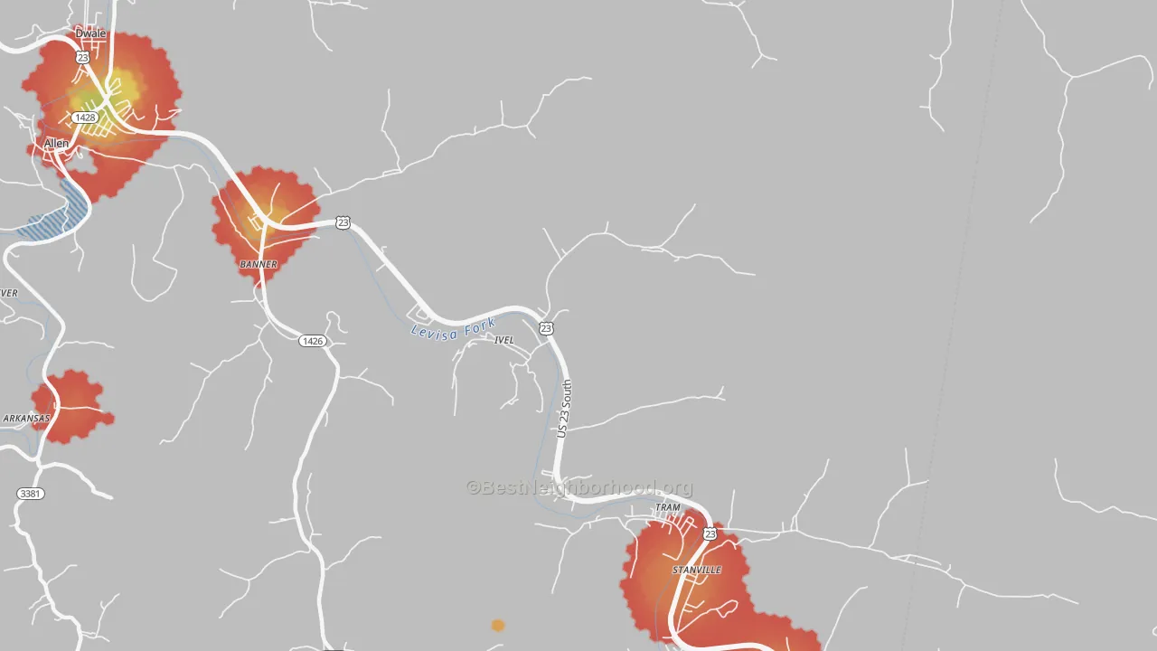 Walk Grade map of 41642, KY, walkable areas in green and car-dependent areas in red
