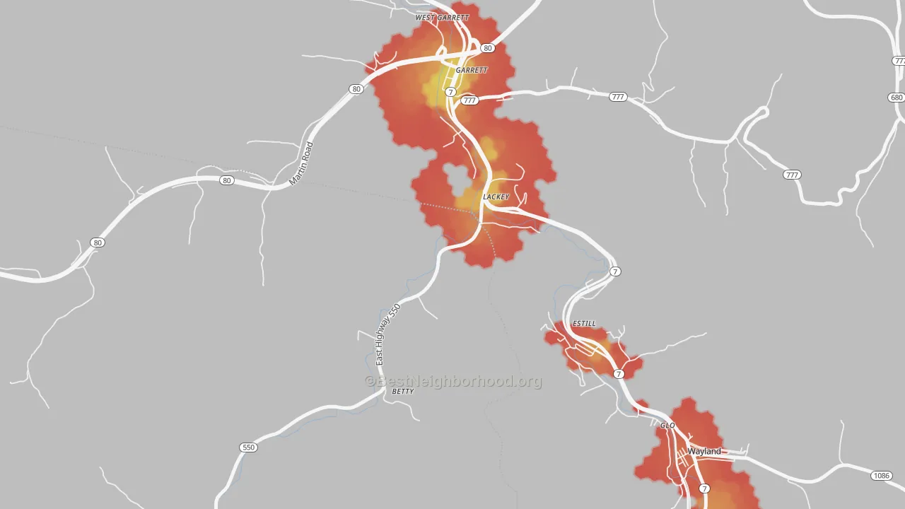 Walk Grade map of 41643, KY, walkable areas in green and car-dependent areas in red