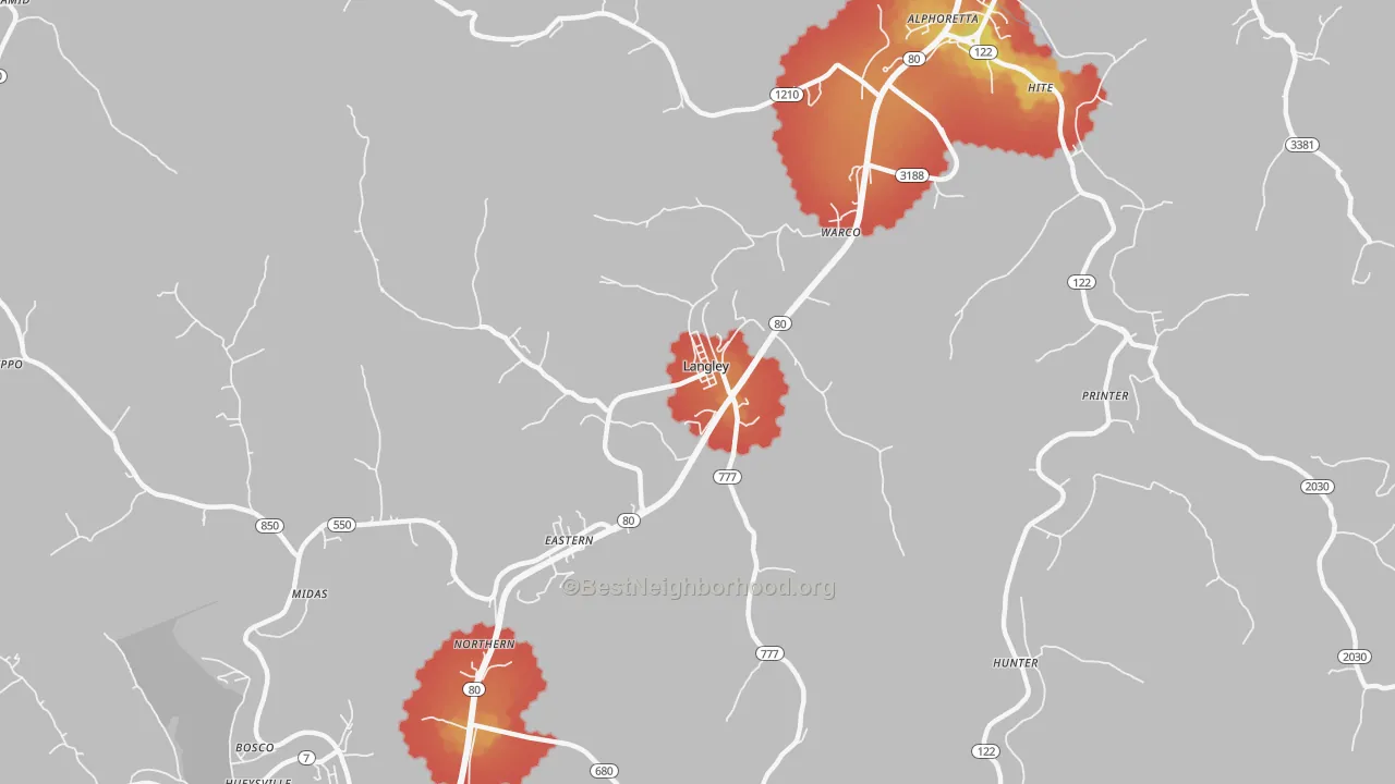 Walk Grade map of 41645, KY, walkable areas in green and car-dependent areas in red