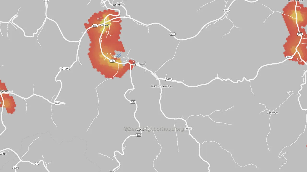 Walk Grade map of 41647, KY, walkable areas in green and car-dependent areas in red