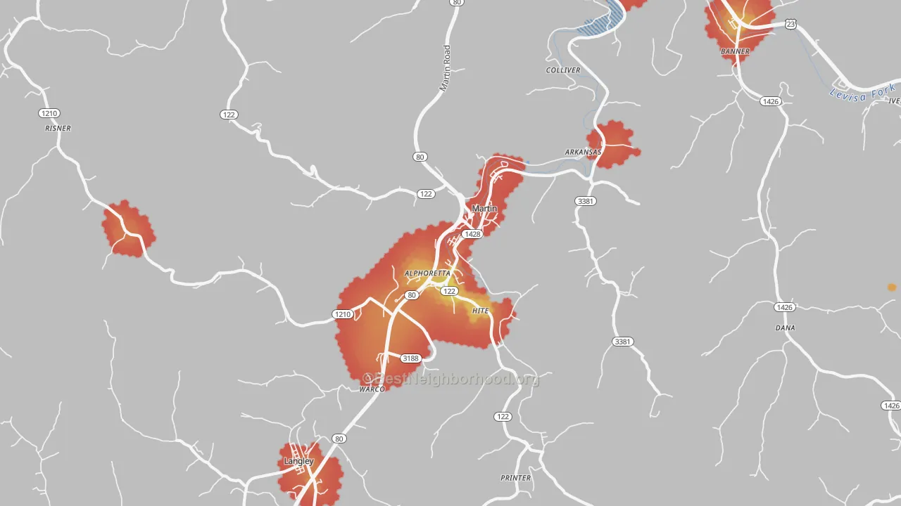 Walk Grade map of 41649, KY, walkable areas in green and car-dependent areas in red