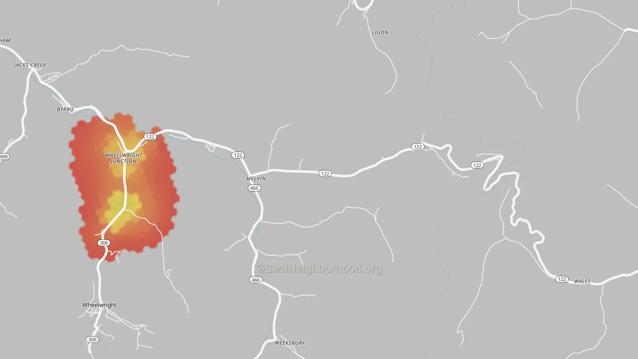 Walk Grade map of 41650, KY, walkable areas in green and car-dependent areas in red