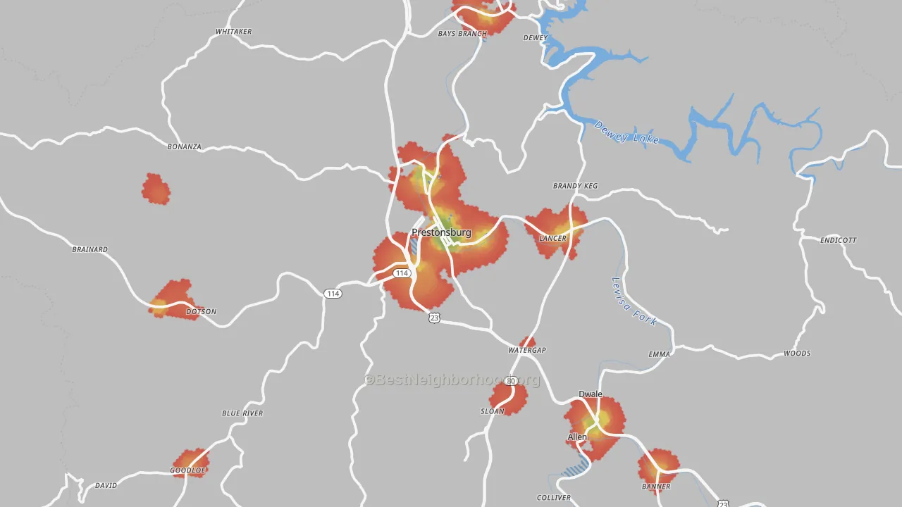 Walk Grade map of 41653, KY, walkable areas in green and car-dependent areas in red