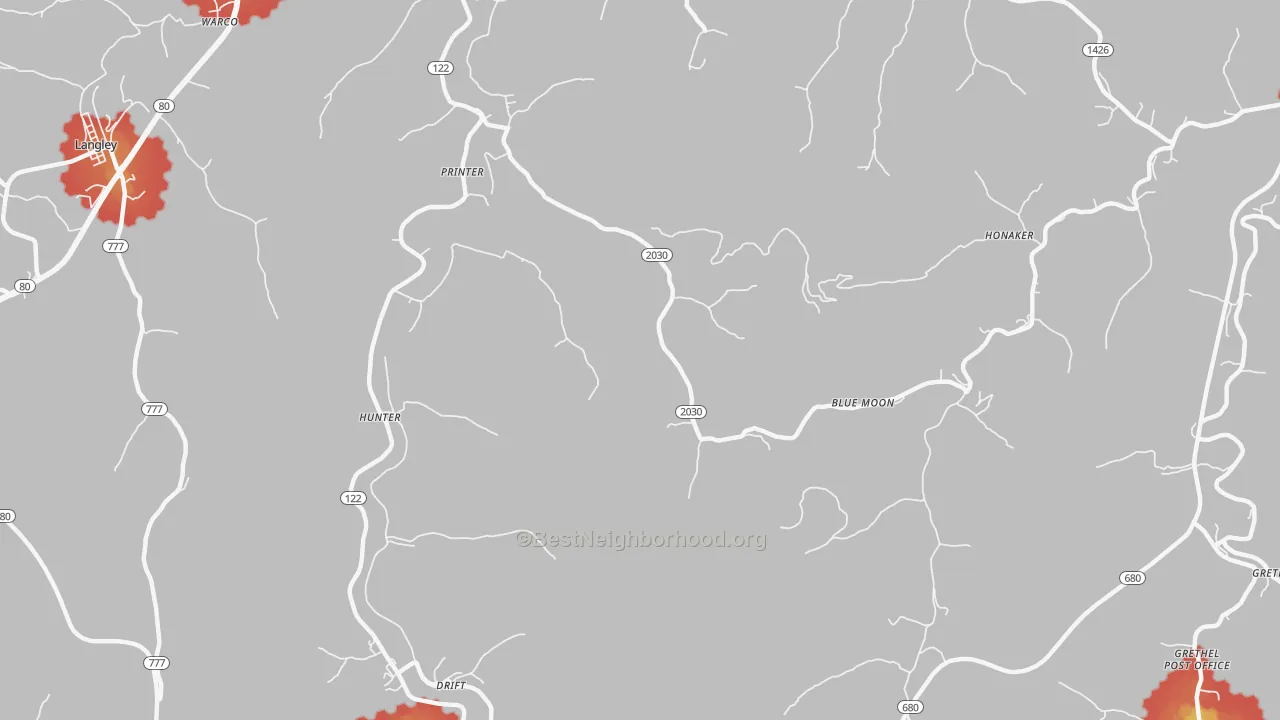 Walk Grade map of 41655, KY, walkable areas in green and car-dependent areas in red