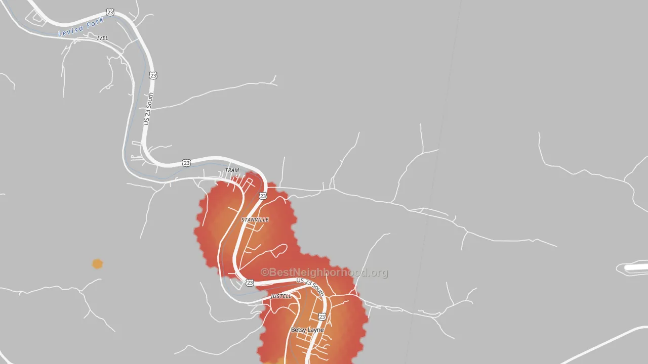 Walk Grade map of 41659, KY, walkable areas in green and car-dependent areas in red
