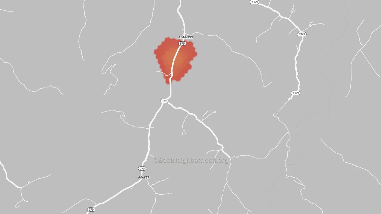 Walk Grade map of 41660, KY, walkable areas in green and car-dependent areas in red