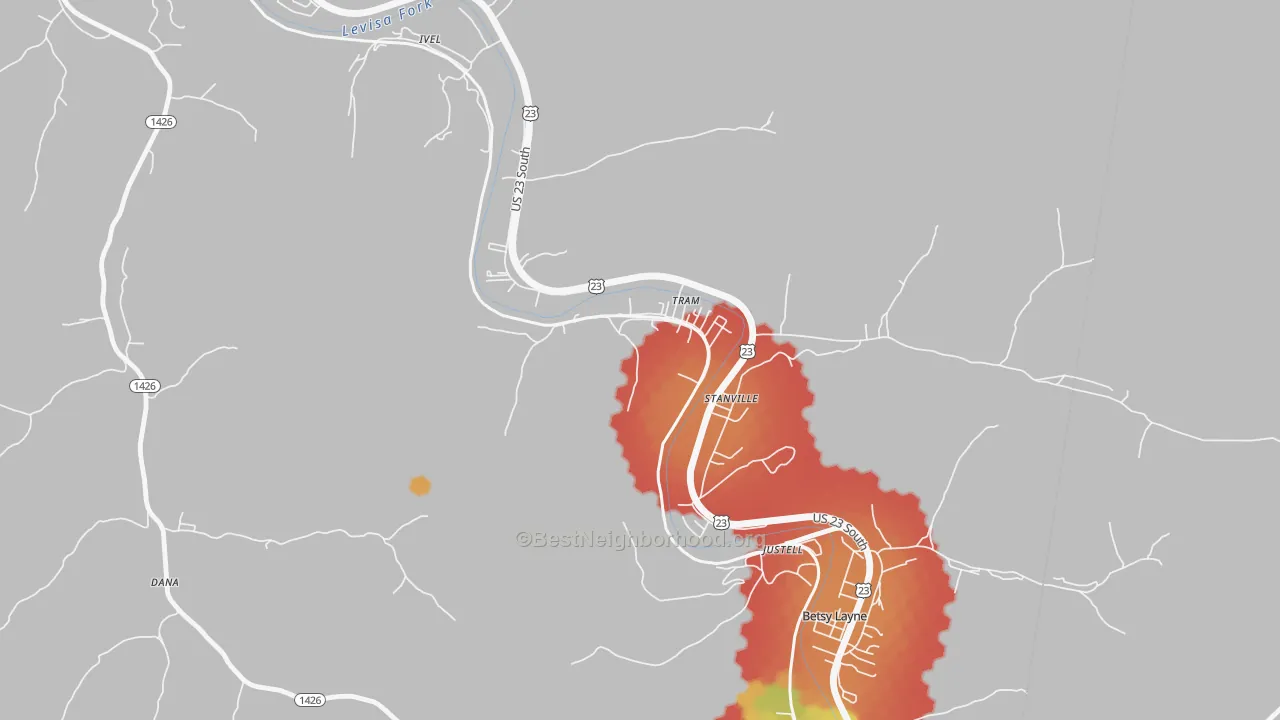 Walk Grade map of 41663, KY, walkable areas in green and car-dependent areas in red