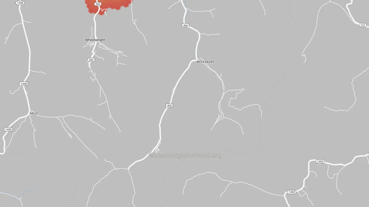Walk Grade map of 41667, KY, walkable areas in green and car-dependent areas in red