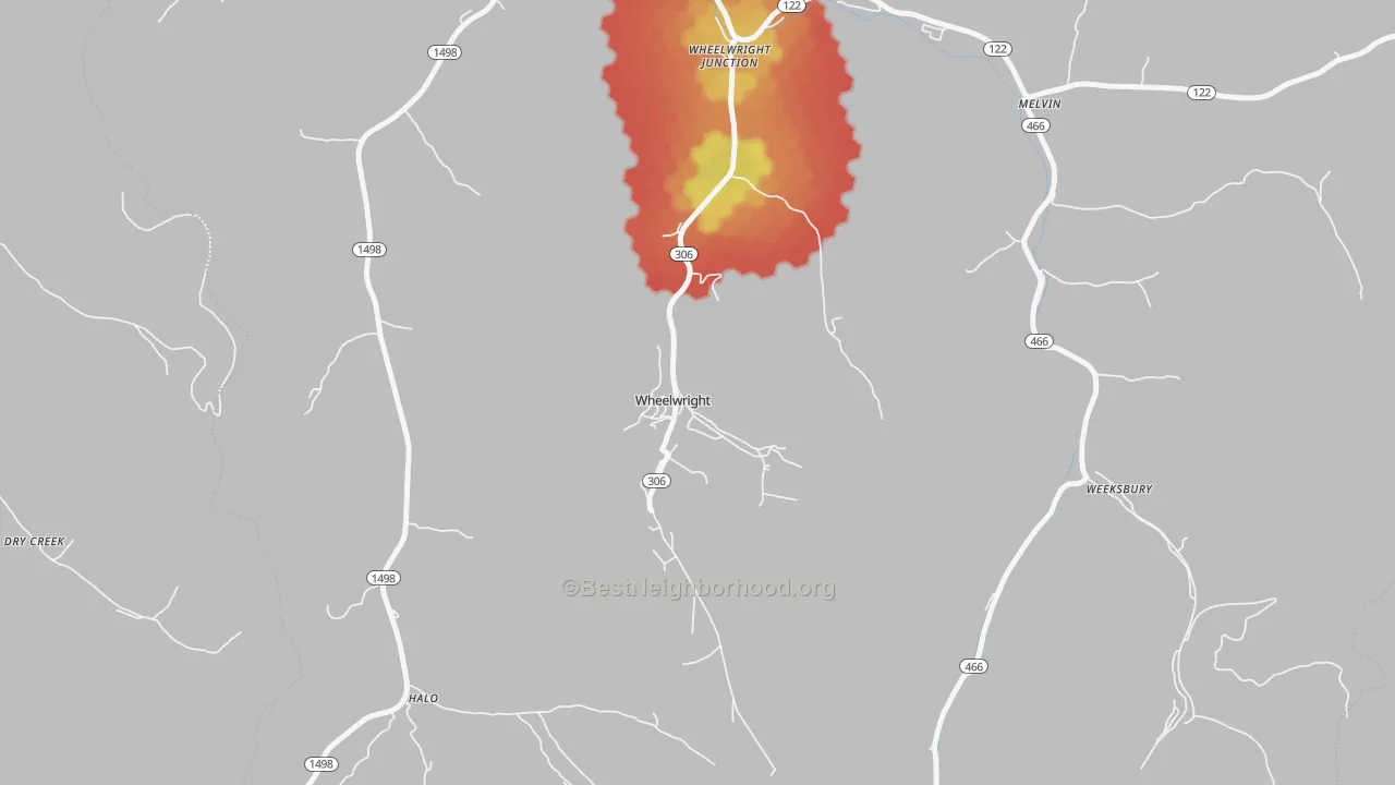 Walk Grade map of 41669, KY, walkable areas in green and car-dependent areas in red