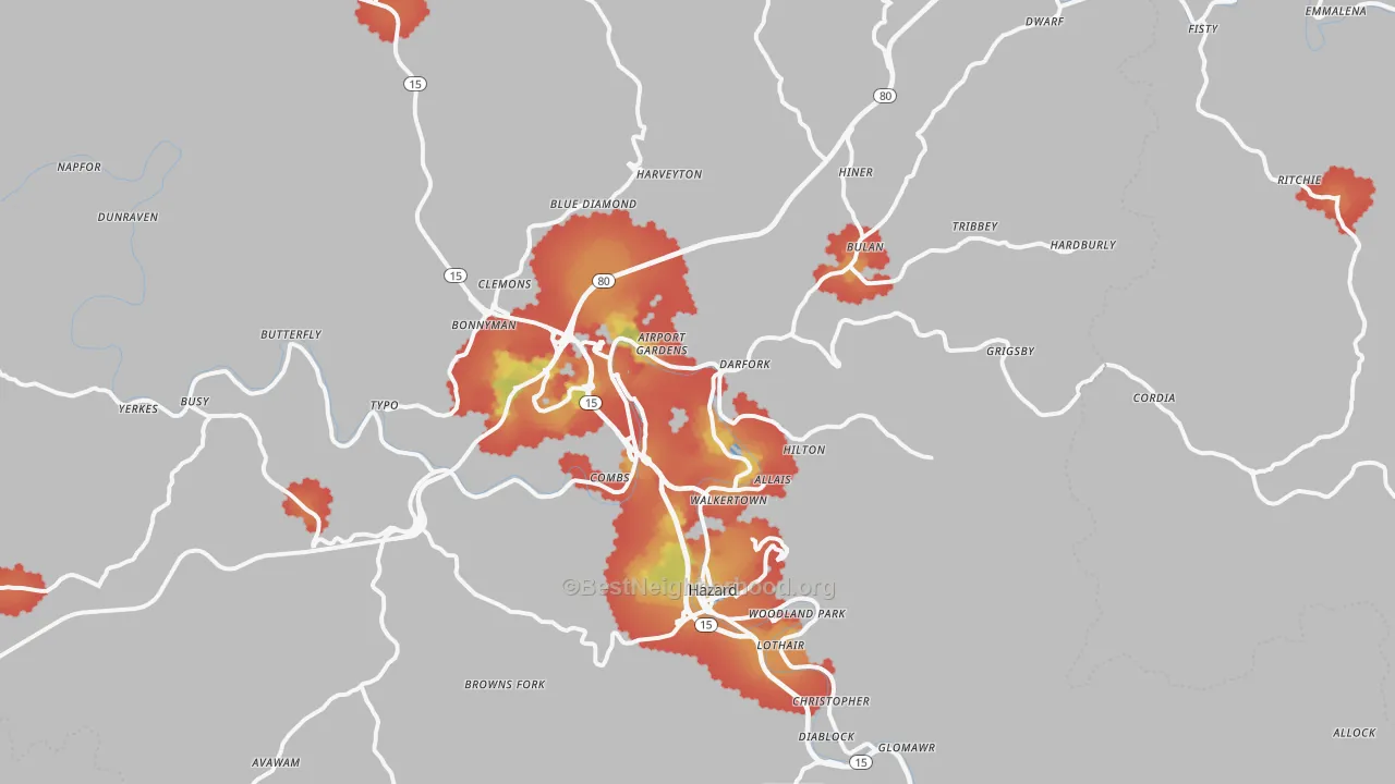 Walk Grade map of 41701, KY, walkable areas in green and car-dependent areas in red