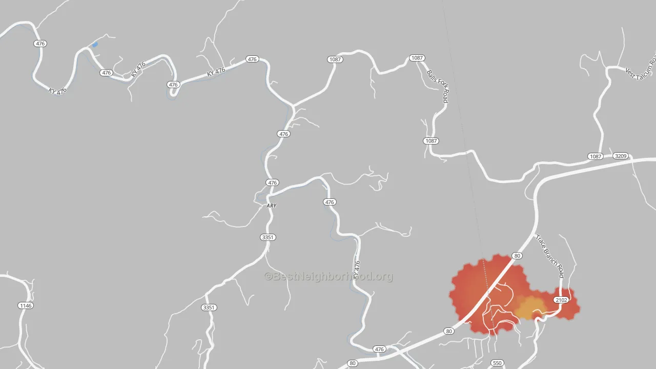 Walk Grade map of 41712, KY, walkable areas in green and car-dependent areas in red