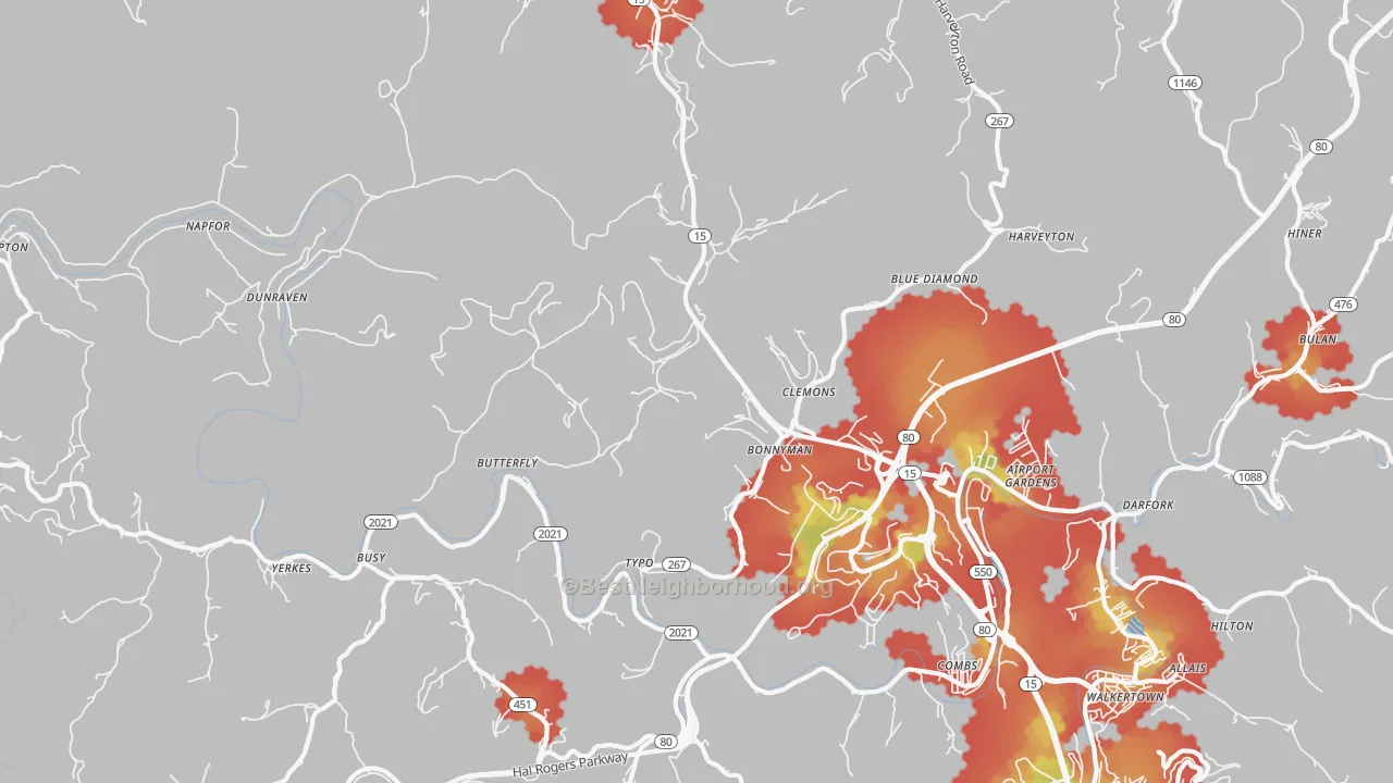 Walk Grade map of 41719, KY, walkable areas in green and car-dependent areas in red