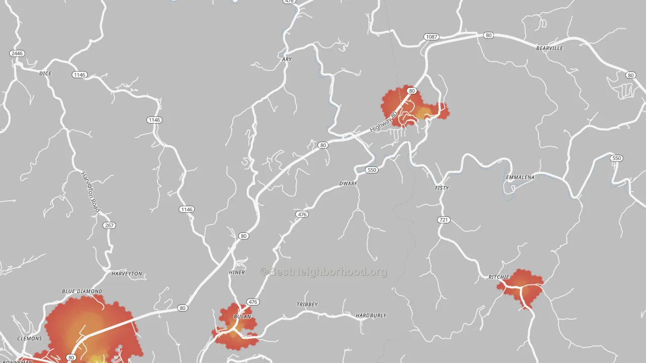 Walk Grade map of 41722, KY, walkable areas in green and car-dependent areas in red