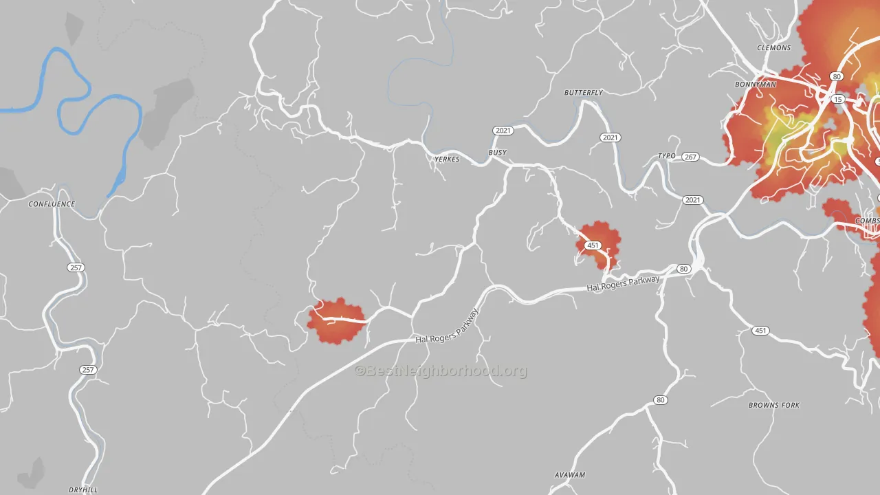 Walk Grade map of 41723, KY, walkable areas in green and car-dependent areas in red