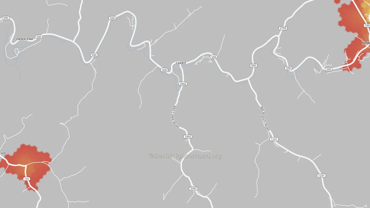 Walk Grade map of 41725, KY, walkable areas in green and car-dependent areas in red