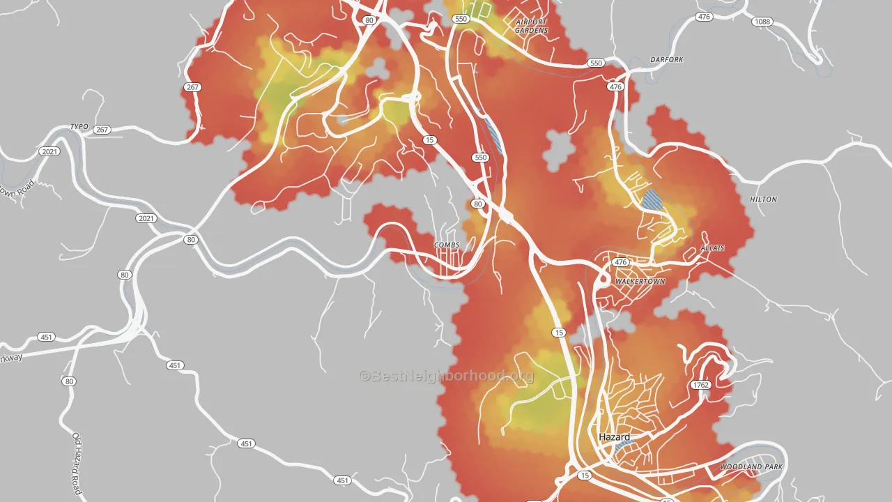 Walk Grade map of 41729, KY, walkable areas in green and car-dependent areas in red