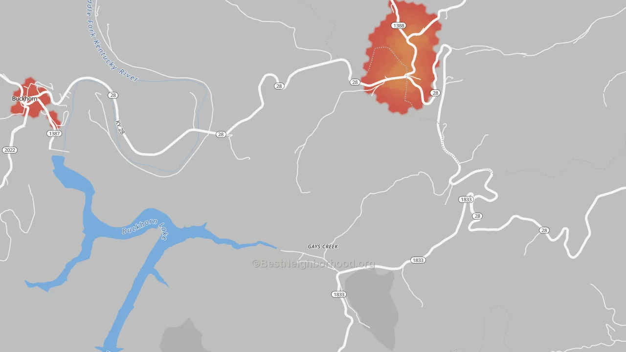 Walk Grade map of 41745, KY, walkable areas in green and car-dependent areas in red