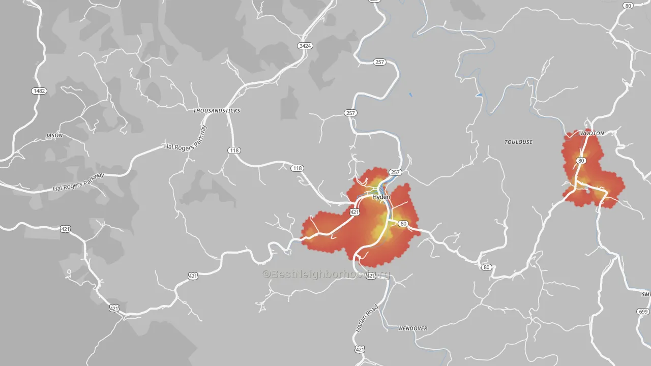Walk Grade map of 41749, KY, walkable areas in green and car-dependent areas in red