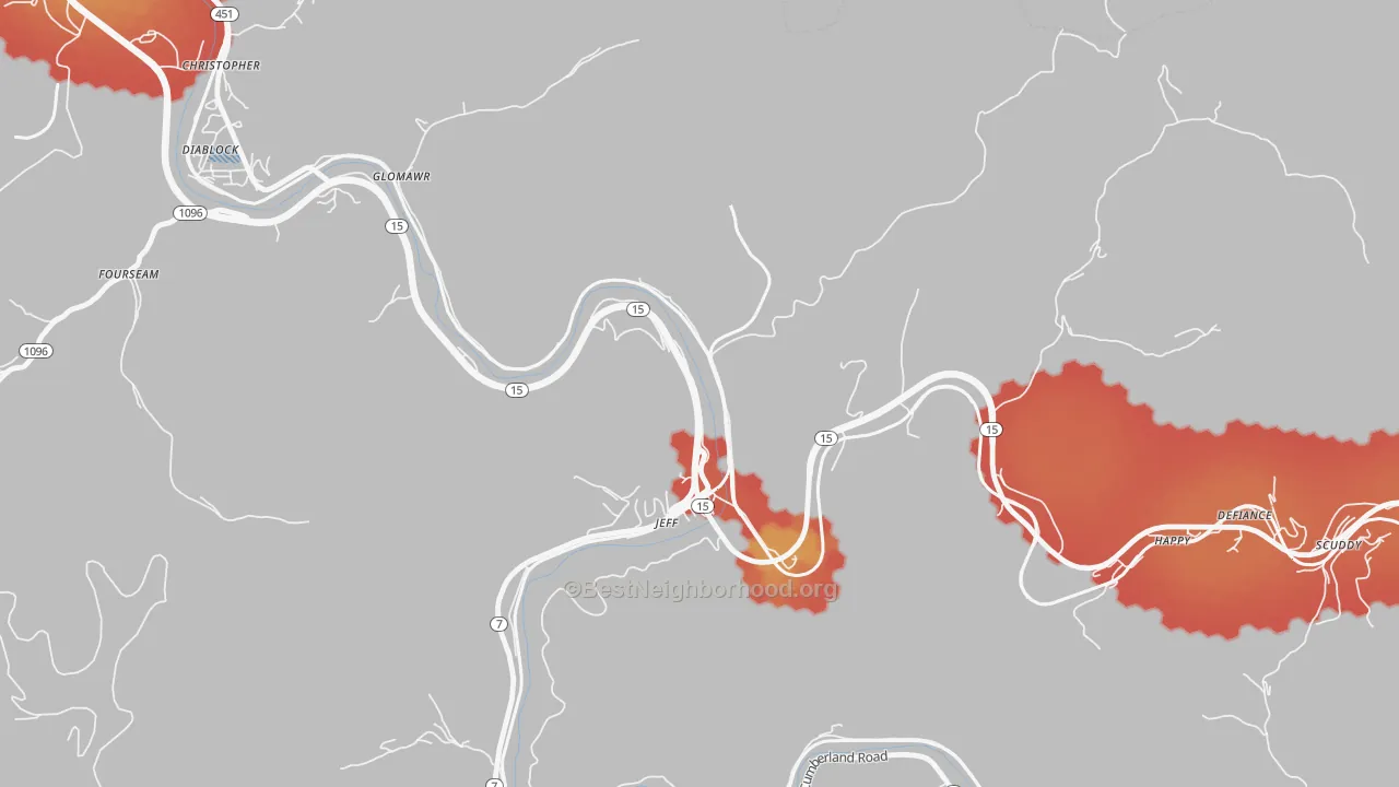 Walk Grade map of 41751, KY, walkable areas in green and car-dependent areas in red
