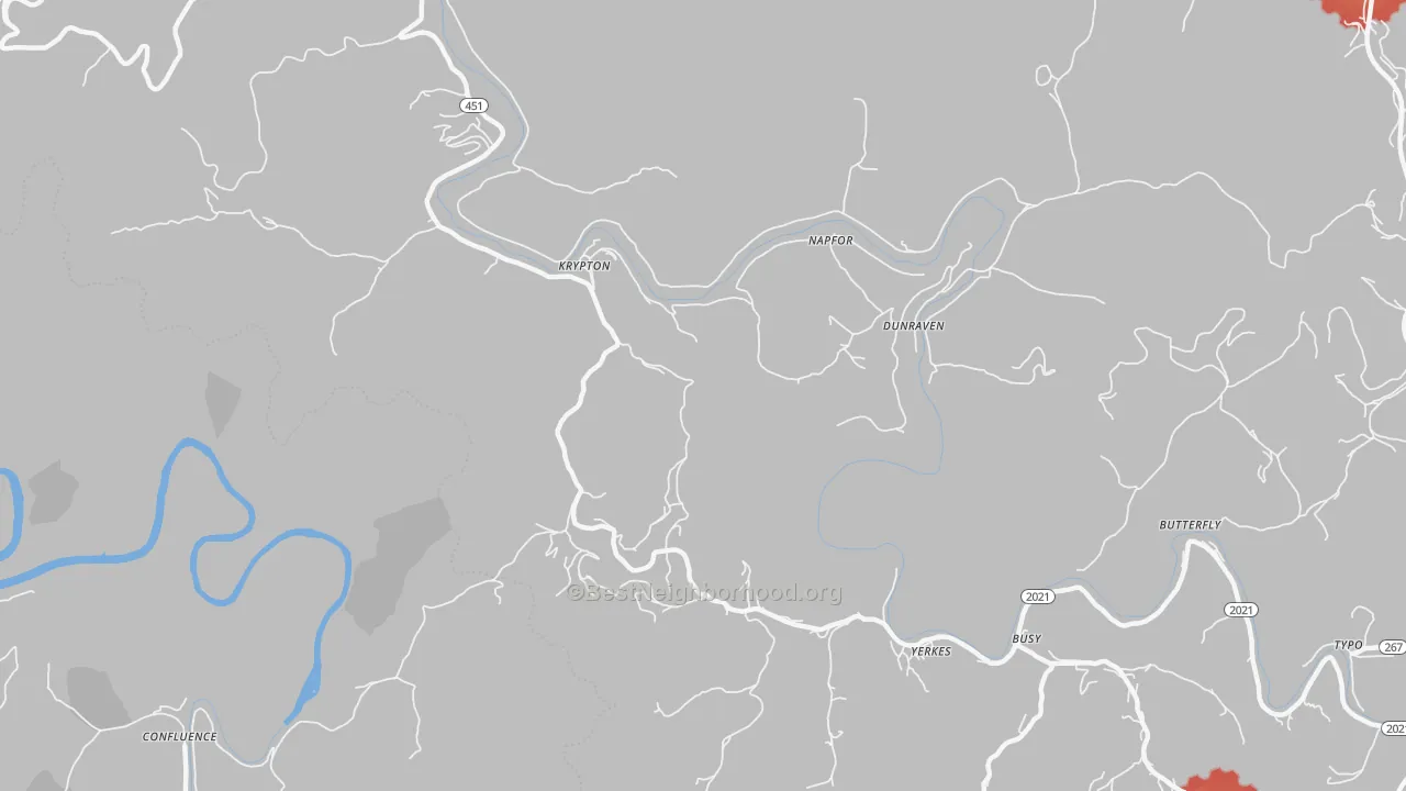 Walk Grade map of 41754, KY, walkable areas in green and car-dependent areas in red