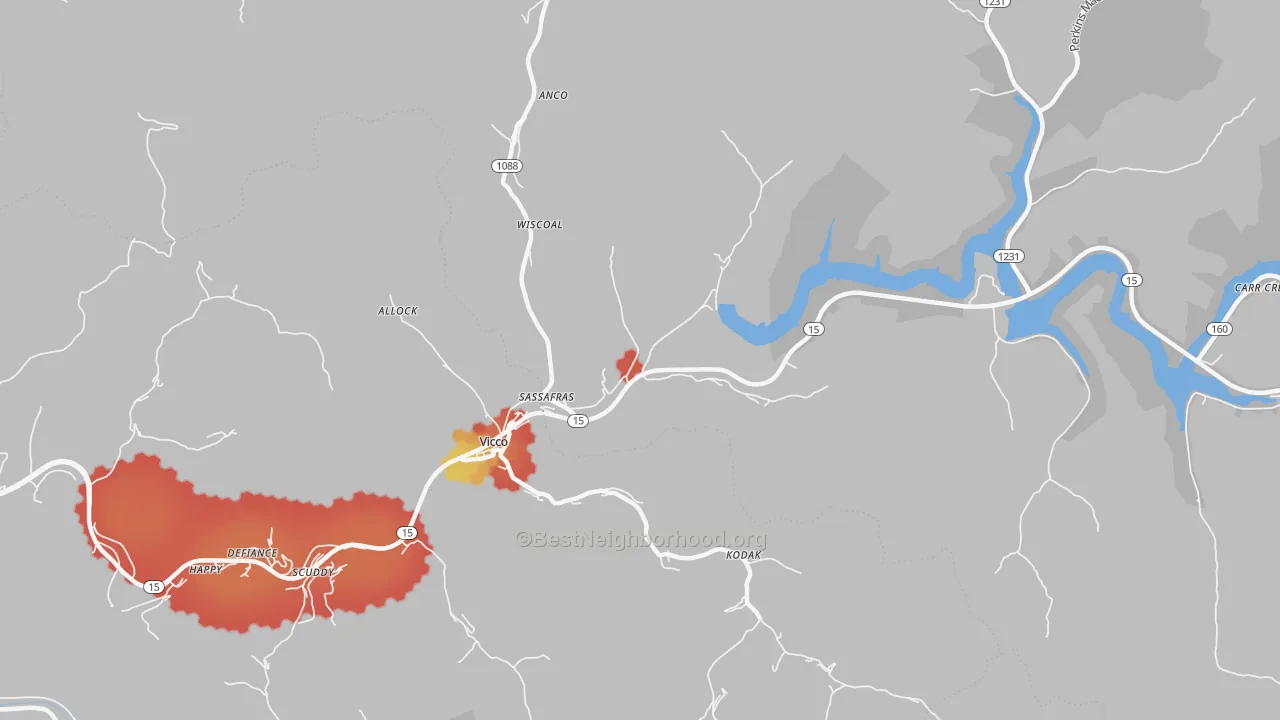 Walk Grade map of 41759, KY, walkable areas in green and car-dependent areas in red