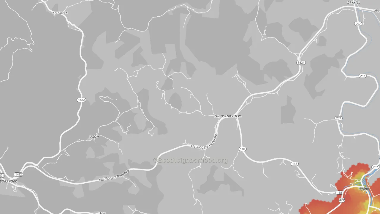 Walk Grade map of 41766, KY, walkable areas in green and car-dependent areas in red
